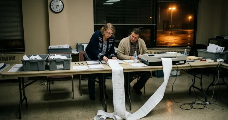 Two poll workers in cardigans lean over a long tabulator printout unspooling onto the floor of a fluorescent-lit county canvassing room, ballot bins stacked on folding tables beside them