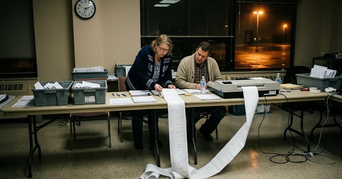 Two poll workers in cardigans lean over a long tabulator printout unspooling onto the floor of a fluorescent-lit county canvassing room, ballot bins stacked on folding tables beside them