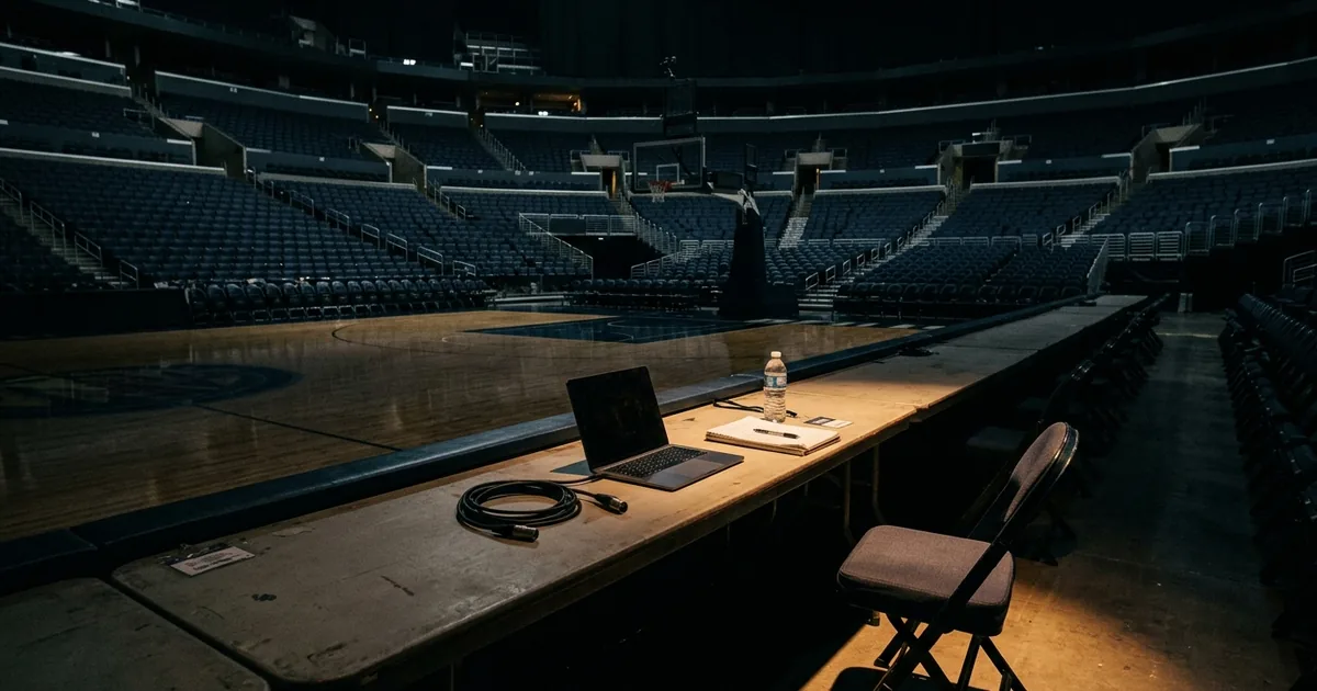 An empty courtside press table with an abandoned laptop, notepad and coiled audio cable, facing a dark empty basketball court and vacant seats