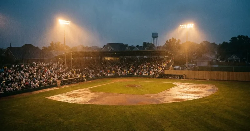 Spectators in rain ponchos fill the covered grandstand of a small floodlit ballpark at dusk as rain streaks through the light, with neighbourhood rooftops and a water tower beyond the outfield wall