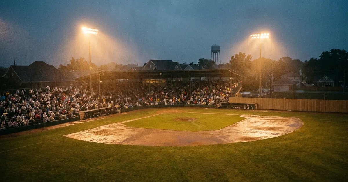 Spectators in rain ponchos fill the covered grandstand of a small floodlit ballpark at dusk as rain streaks through the light, with neighbourhood rooftops and a water tower beyond the outfield wall