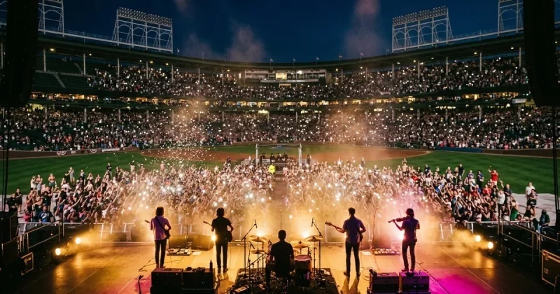 View from behind a band on stage in a packed open-air baseball stadium at night, thousands of phone lights raised across the infield and grandstand