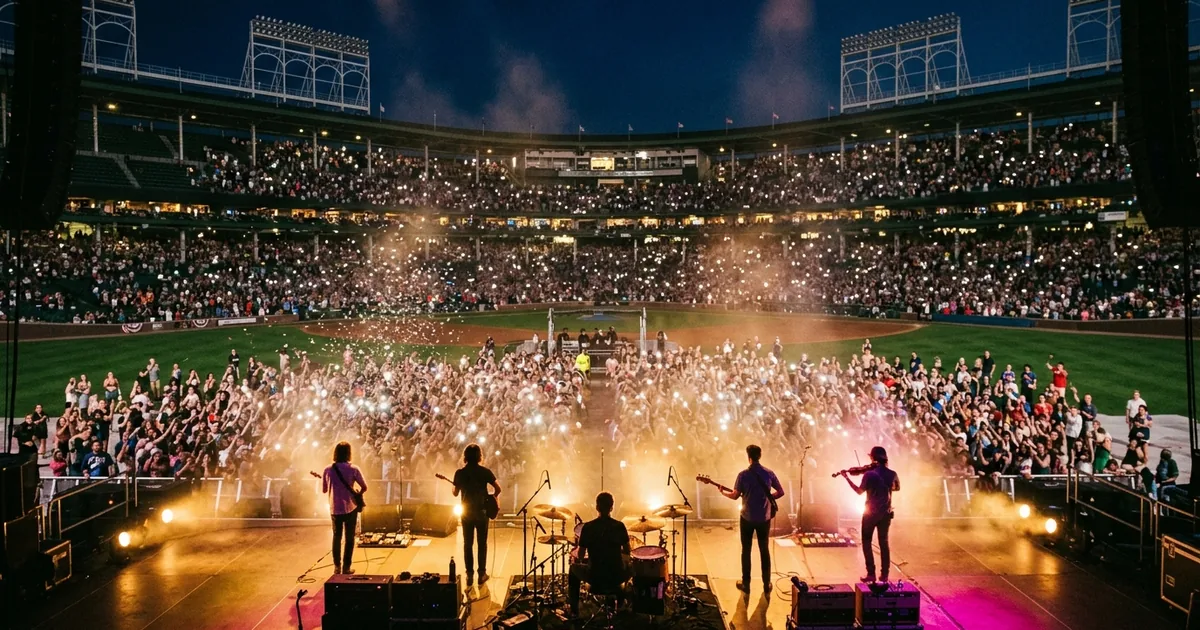 View from behind a band on stage in a packed open-air baseball stadium at night, thousands of phone lights raised across the infield and grandstand