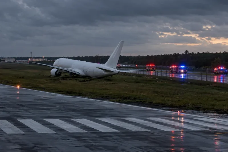 A white widebody cargo freighter stopped on grass past the end of an airport runway at dusk, with a perimeter fence and public road beyond and emergency lights in the distance