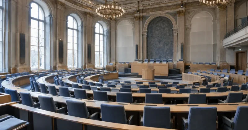 Empty semicircular plenary chamber of a German state parliament, rows of blue seats and pale wooden desks facing a raised presidium bench beneath chandeliers and tall arched windows