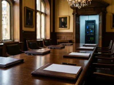 Long wooden conference table set with six leather folders, pens and blank documents, with a server rack visible through a doorway
