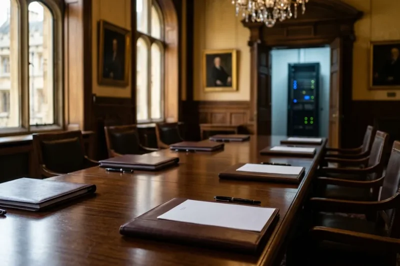 Long wooden conference table set with six leather folders, pens and blank documents, with a server rack visible through a doorway