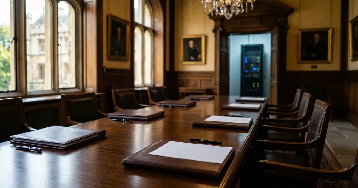 Long wooden conference table set with six leather folders, pens and blank documents, with a server rack visible through a doorway