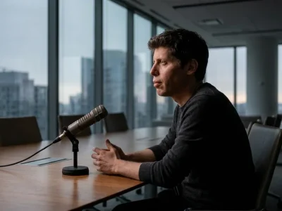 Sam Altman seated alone at a conference table in profile with a broadcast microphone in front of him, looking away from camera, city skyline at dusk through the windows behind