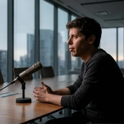 Sam Altman seated alone at a conference table in profile with a broadcast microphone in front of him, looking away from camera, city skyline at dusk through the windows behind
