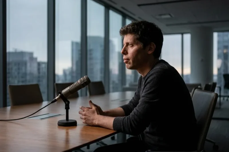 Sam Altman seated alone at a conference table in profile with a broadcast microphone in front of him, looking away from camera, city skyline at dusk through the windows behind