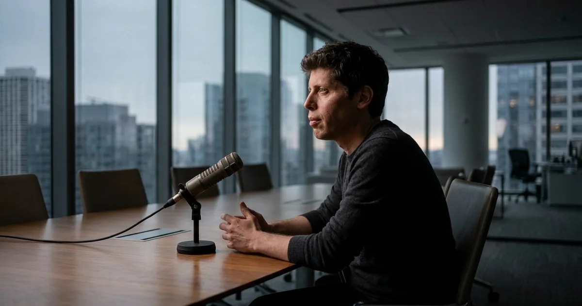 Sam Altman seated alone at a conference table in profile with a broadcast microphone in front of him, looking away from camera, city skyline at dusk through the windows behind