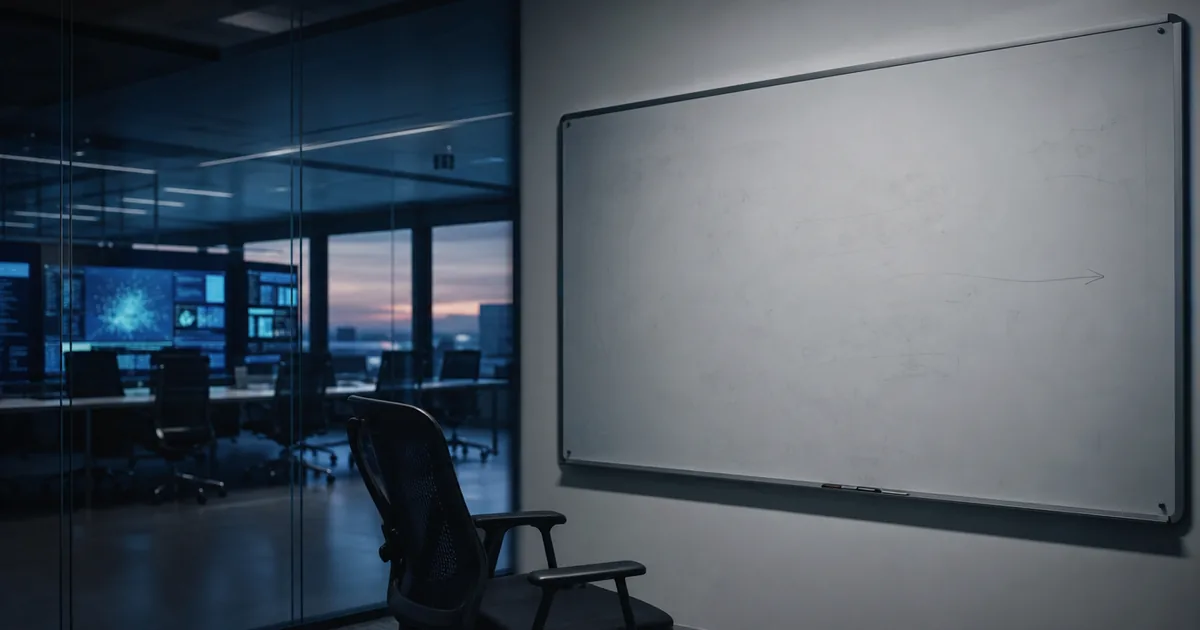 A blank floor-to-ceiling whiteboard with faint erased marks in a darkened glass-walled conference room, an empty chair turned away from it