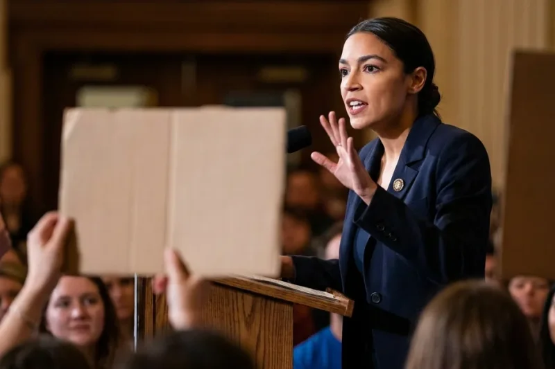 Alexandria Ocasio-Cortez in a navy blazer speaks at a wooden podium with one hand raised as supporters hold up blank placards in the foreground