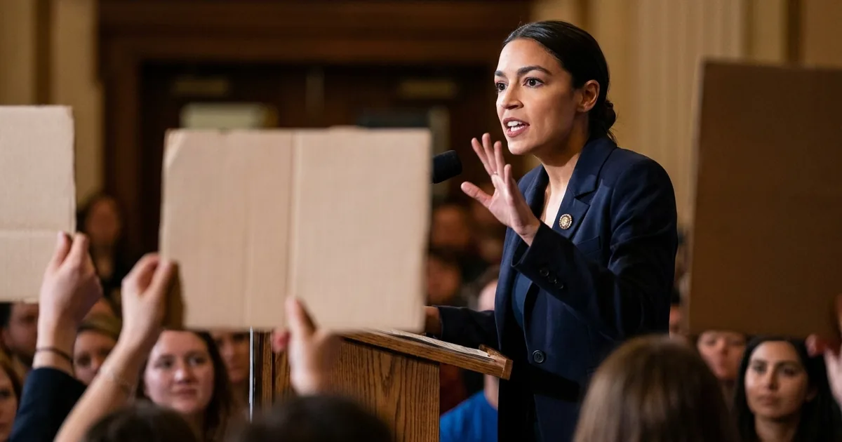 Alexandria Ocasio-Cortez in a navy blazer speaks at a wooden podium with one hand raised as supporters hold up blank placards in the foreground