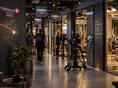 A live casino production studio in Riga with camera rigs and dealer tables