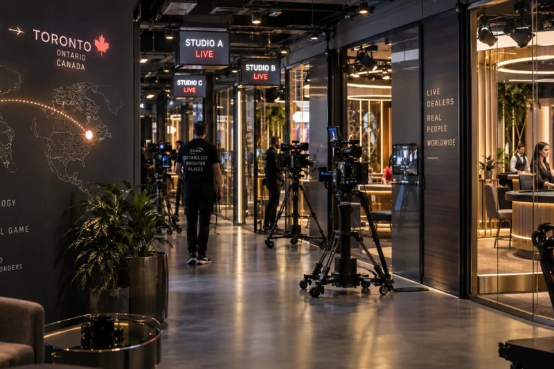 A live casino production studio in Riga with camera rigs and dealer tables