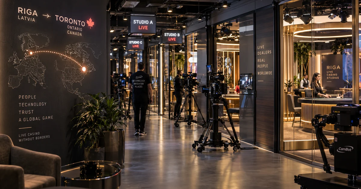 A live casino production studio in Riga with camera rigs and dealer tables