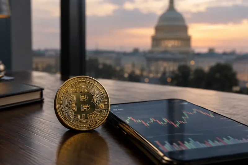 A gold Bitcoin coin on a desk beside a smartphone price chart, with the US Capitol visible through a window