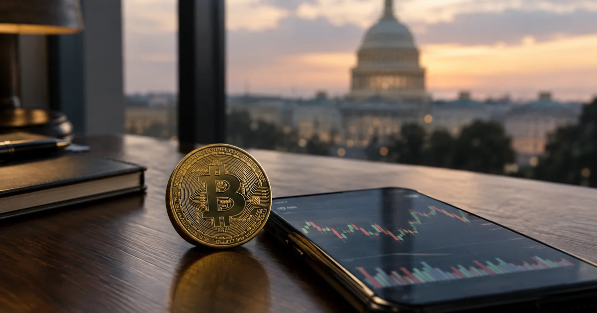 A gold Bitcoin coin on a desk beside a smartphone price chart, with the US Capitol visible through a window
