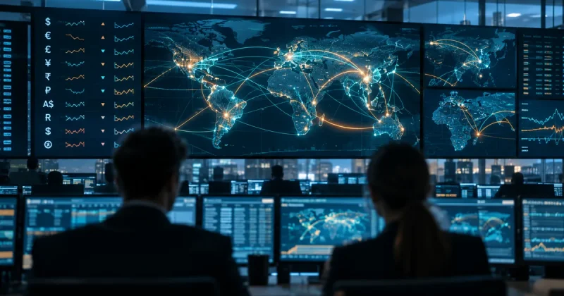 Global trade operations room with wall displays showing currency tickers and cross-border payment flow maps