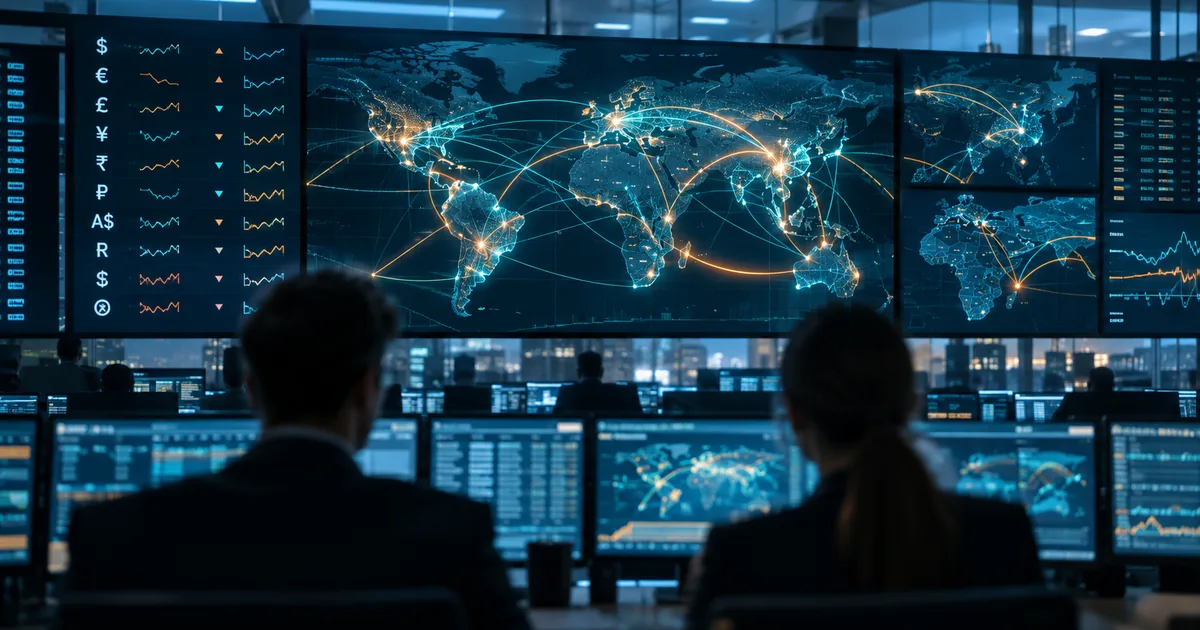 Global trade operations room with wall displays showing currency tickers and cross-border payment flow maps