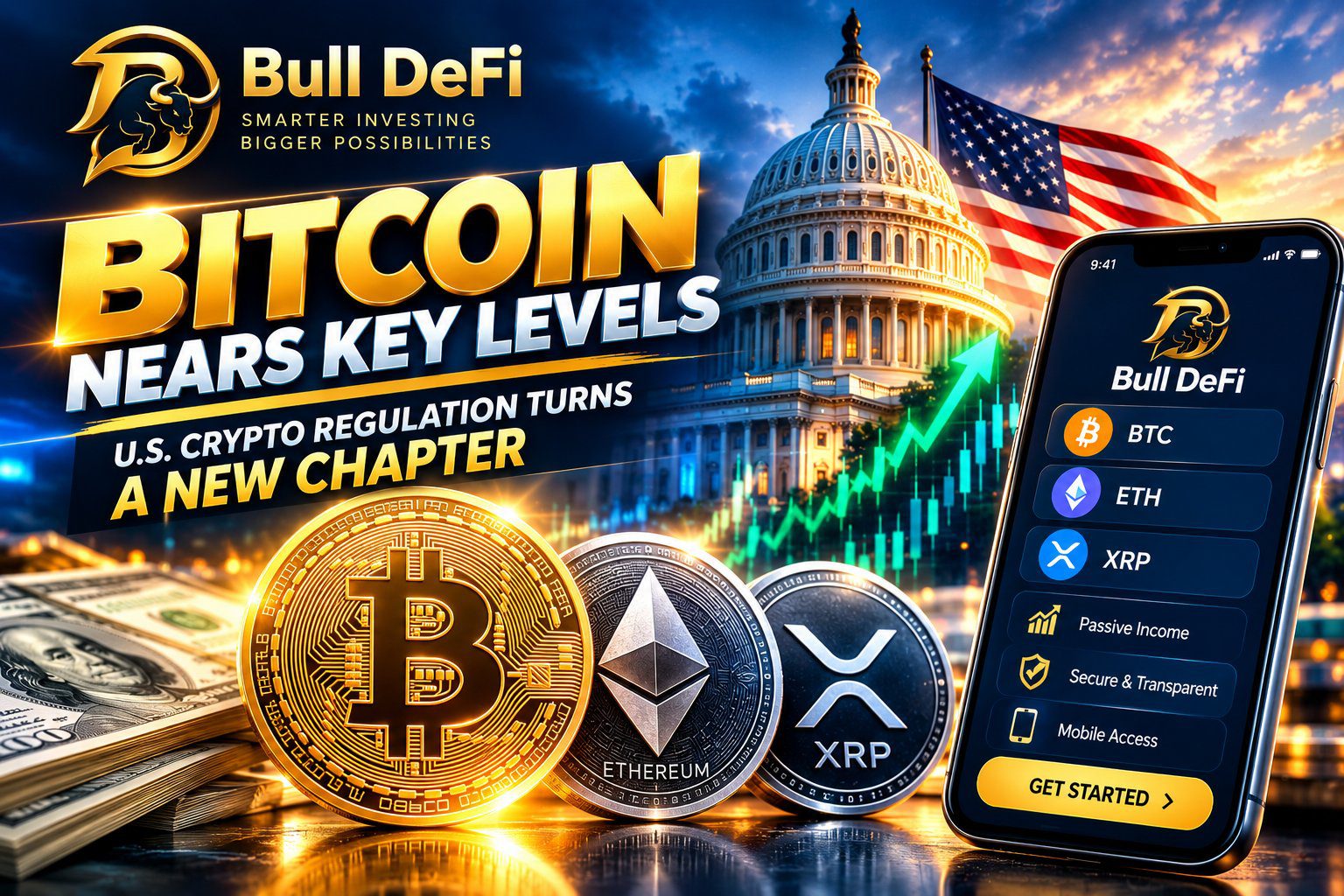 Bull DeFi banner showing Bitcoin, Ethereum and XRP coins beside a phone app, with the US Capitol in the background