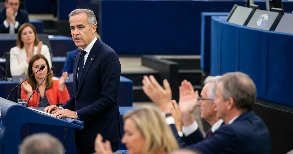 Canadian Prime Minister Mark Carney speaks at the European Parliament podium in Strasbourg as MEPs applaud