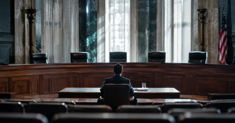 One person seated alone at a witness table facing a curved hearing dais lined with four empty leather chairs in a marble committee room
