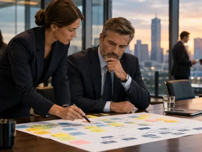 A chief of staff reviewing a strategy plan with a CEO at a conference table
