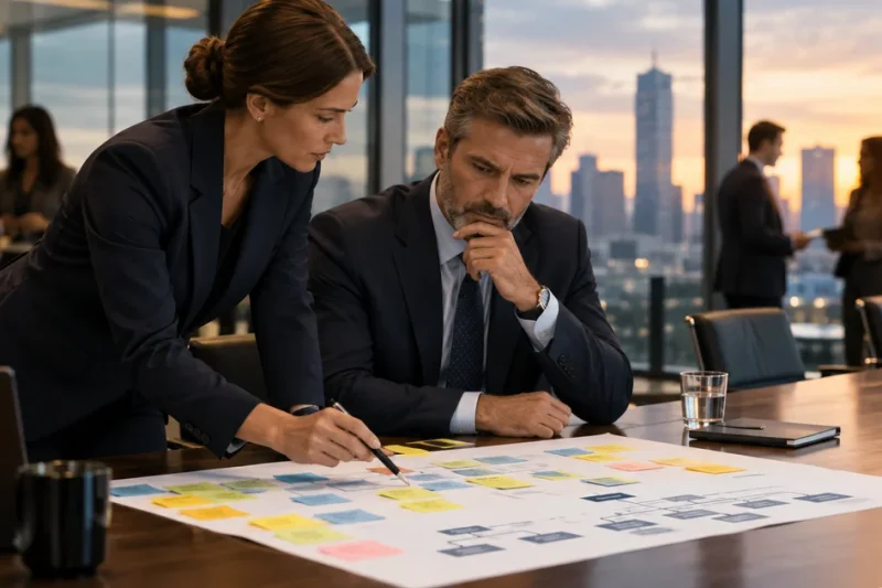 A chief of staff reviewing a strategy plan with a CEO at a conference table