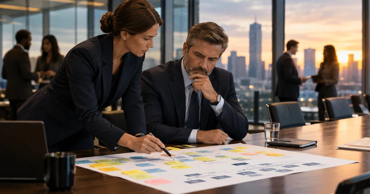 A chief of staff reviewing a strategy plan with a CEO at a conference table