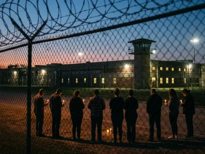 People holding candles stand in silhouette along a road outside a razor-wire prison fence at dusk