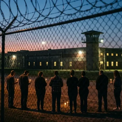 People holding candles stand in silhouette along a road outside a razor-wire prison fence at dusk