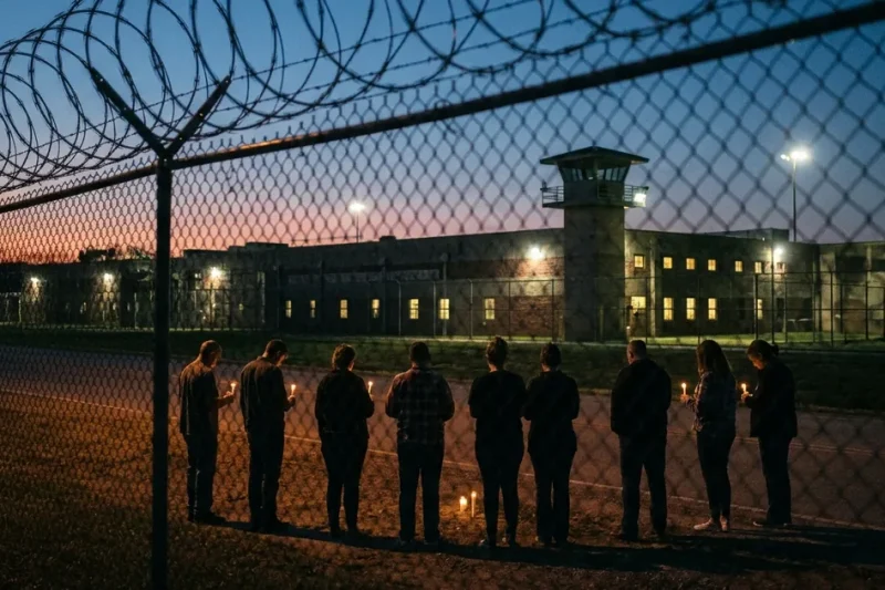 People holding candles stand in silhouette along a road outside a razor-wire prison fence at dusk