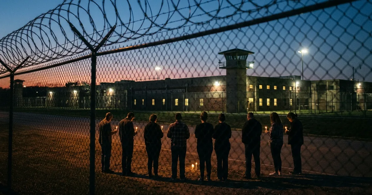 People holding candles stand in silhouette along a road outside a razor-wire prison fence at dusk