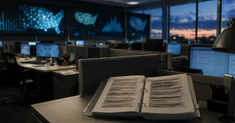 Rows of empty desks in a US federal statistics office at dusk, with an open policy binder on a desk showing paragraphs crossed out in black ink