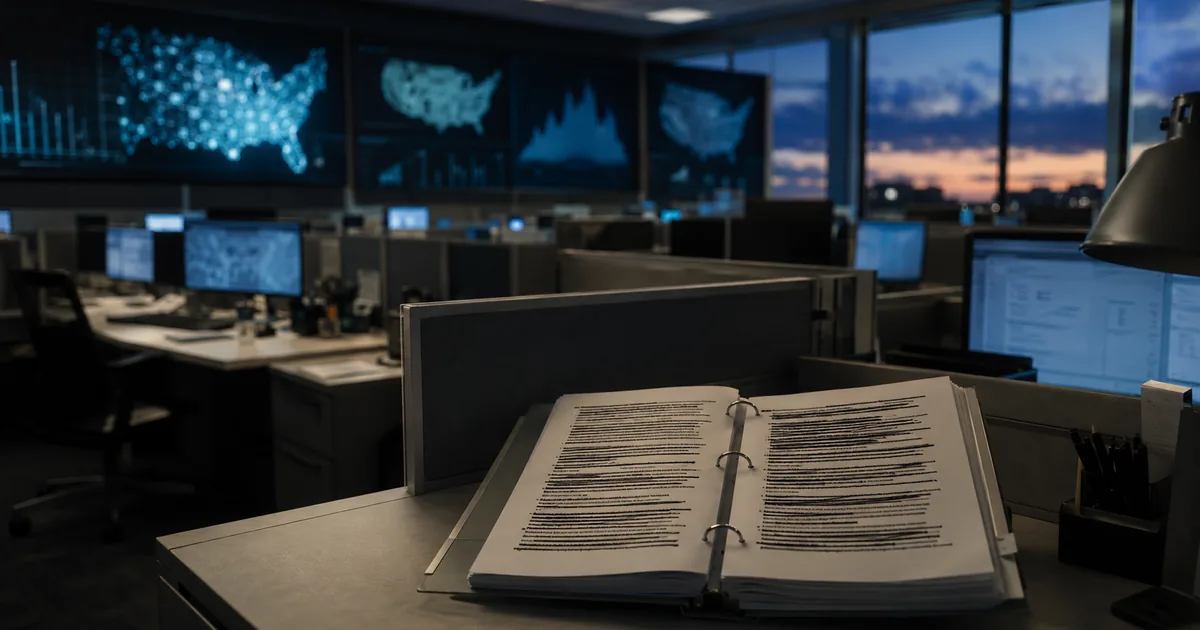 Rows of empty desks in a US federal statistics office at dusk, with an open policy binder on a desk showing paragraphs crossed out in black ink