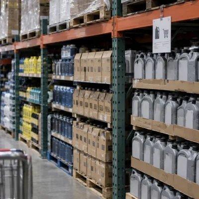 Stacked cases of motor oil on steel warehouse shelving with a small purchase-limit sign clipped to the shelf edge