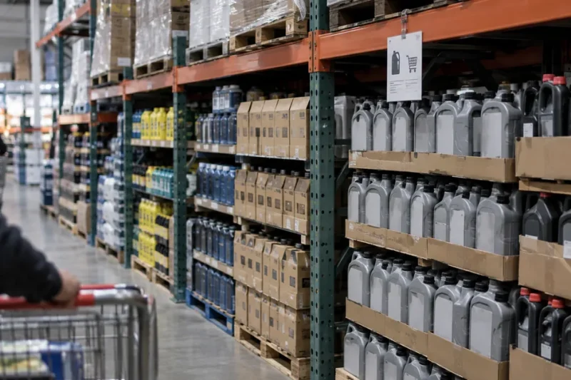 Stacked cases of motor oil on steel warehouse shelving with a small purchase-limit sign clipped to the shelf edge