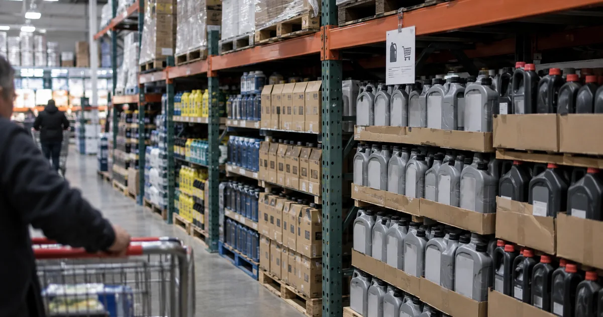 Stacked cases of motor oil on steel warehouse shelving with a small purchase-limit sign clipped to the shelf edge