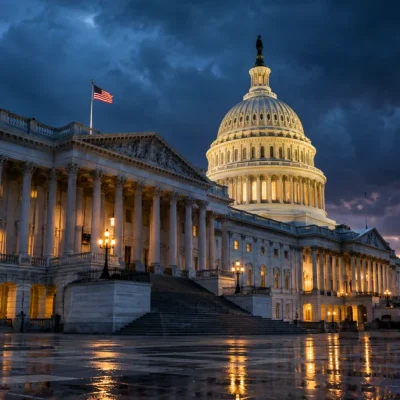 The Senate wing of the US Capitol and the lit dome at blue hour, storm clouds overhead, a strip of sunset on the horizon and lights reflected on wet pavement
