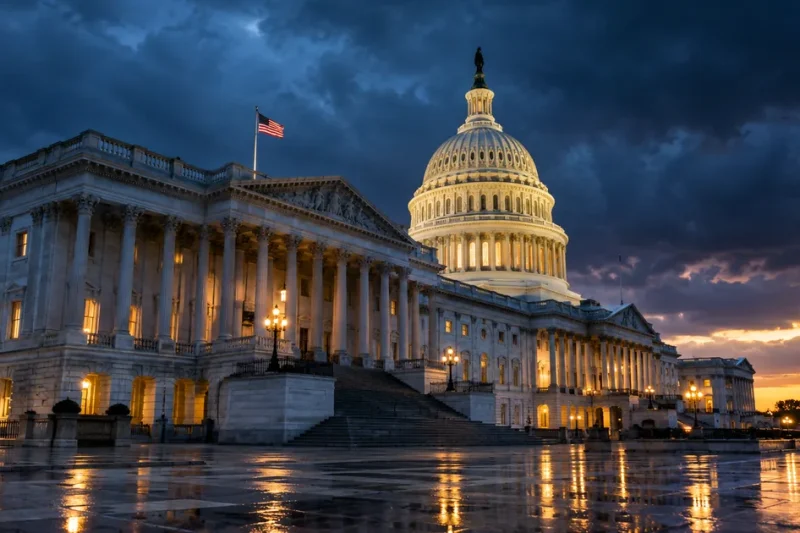 The Senate wing of the US Capitol and the lit dome at blue hour, storm clouds overhead, a strip of sunset on the horizon and lights reflected on wet pavement