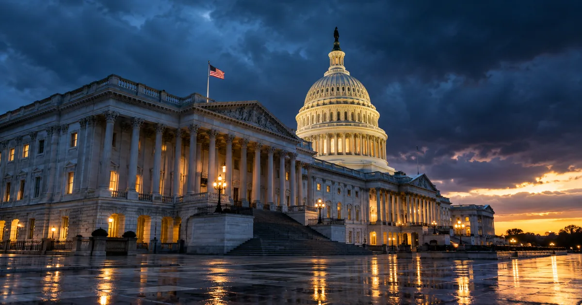 The Senate wing of the US Capitol and the lit dome at blue hour, storm clouds overhead, a strip of sunset on the horizon and lights reflected on wet pavement