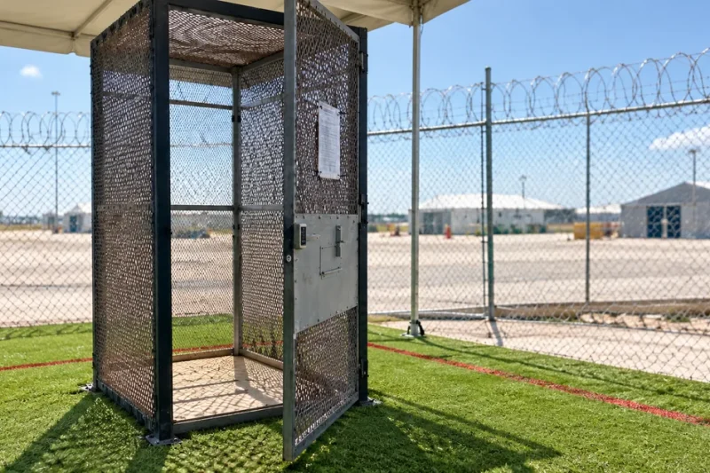 An empty phone-booth-sized steel mesh enclosure with a keypad-locked door standing on artificial turf beneath a tent canopy, with razor-wire-topped chain-link fencing and white detention tents behind it