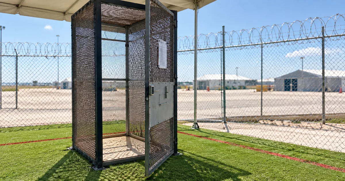 An empty phone-booth-sized steel mesh enclosure with a keypad-locked door standing on artificial turf beneath a tent canopy, with razor-wire-topped chain-link fencing and white detention tents behind it
