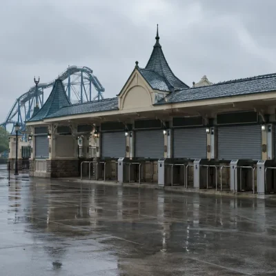 Empty amusement park ticket plaza on a wet overcast morning with closed ticket window shutters, metal turnstiles and a coiled queue rope