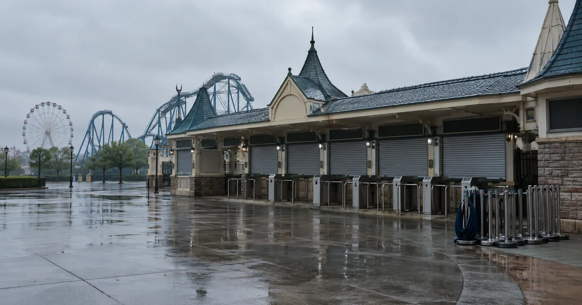 Empty amusement park ticket plaza on a wet overcast morning with closed ticket window shutters, metal turnstiles and a coiled queue rope