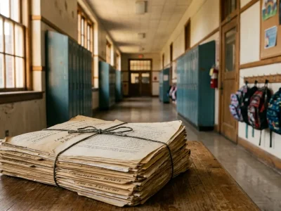 Stack of yellowed court case files tied with string on a table in an old school hallway lined with lockers and backpacks