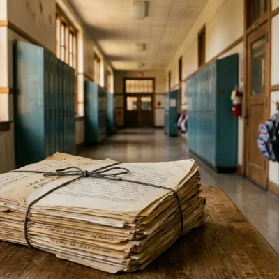 Stack of yellowed court case files tied with string on a table in an old school hallway lined with lockers and backpacks